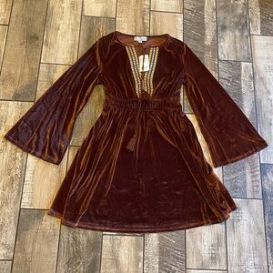 Luukse velvet boho dress in rust brown Velvet Dress with Embroidered Detail 🆕
